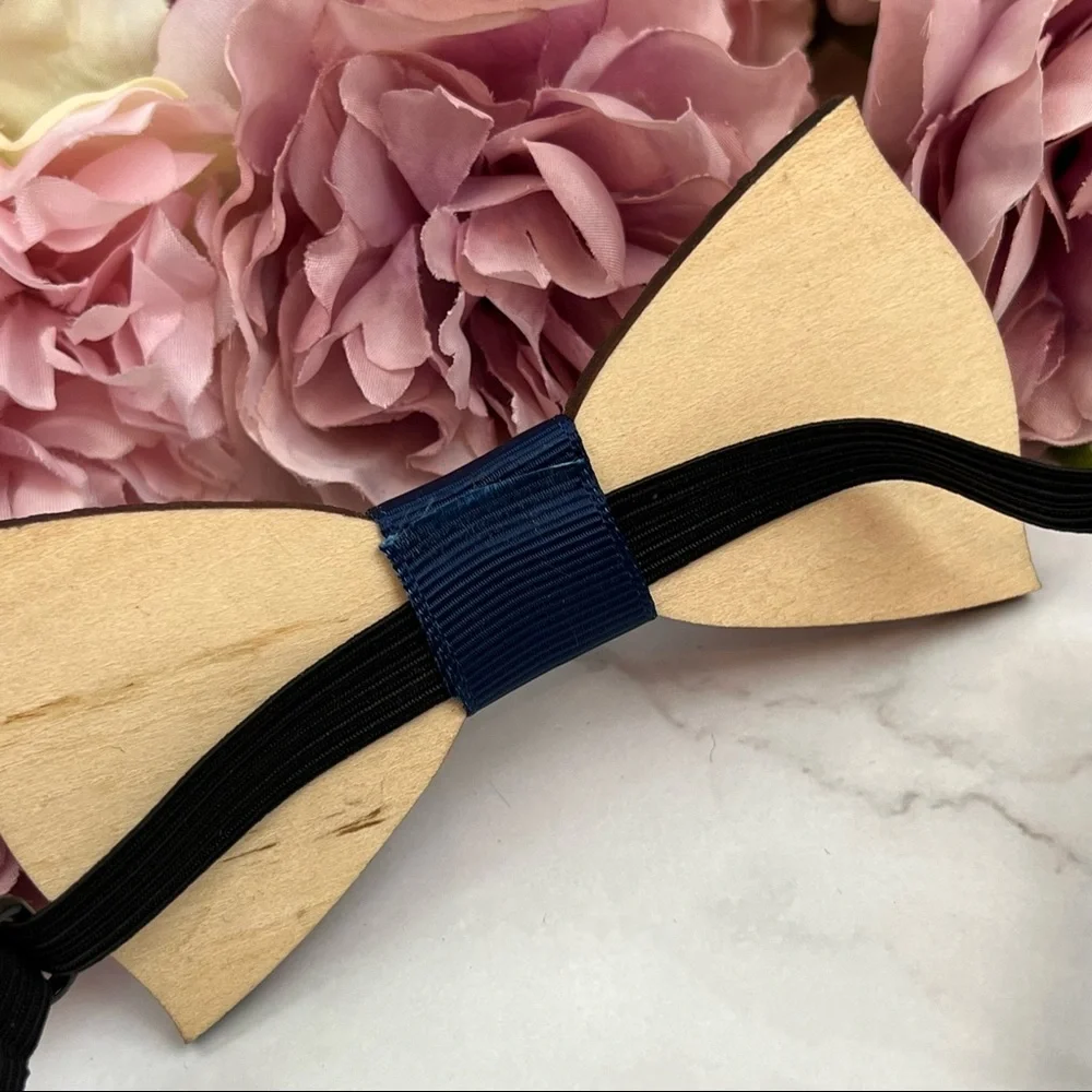 Hand Crafted Blue and White Geometric Wood Butterfly Bow Tie - Picture 11 of 16